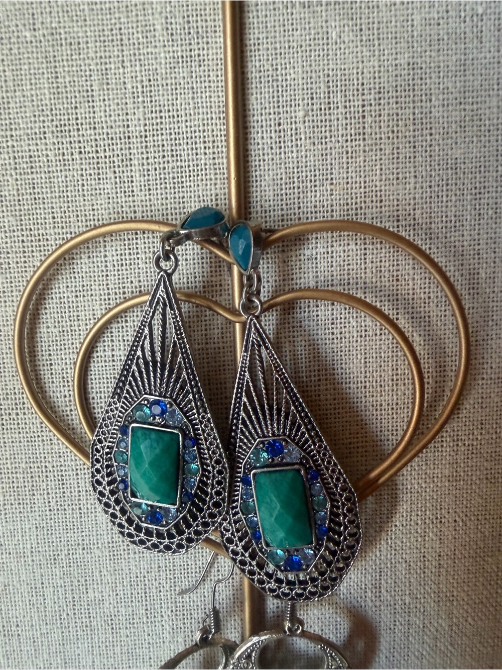 Silver-Tone Teardrop Earrings with Green Stone and Blue Accents